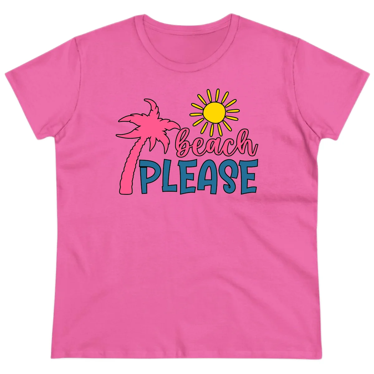 Beach Please Palm Tree Vacation Ladies Tee in Azalea