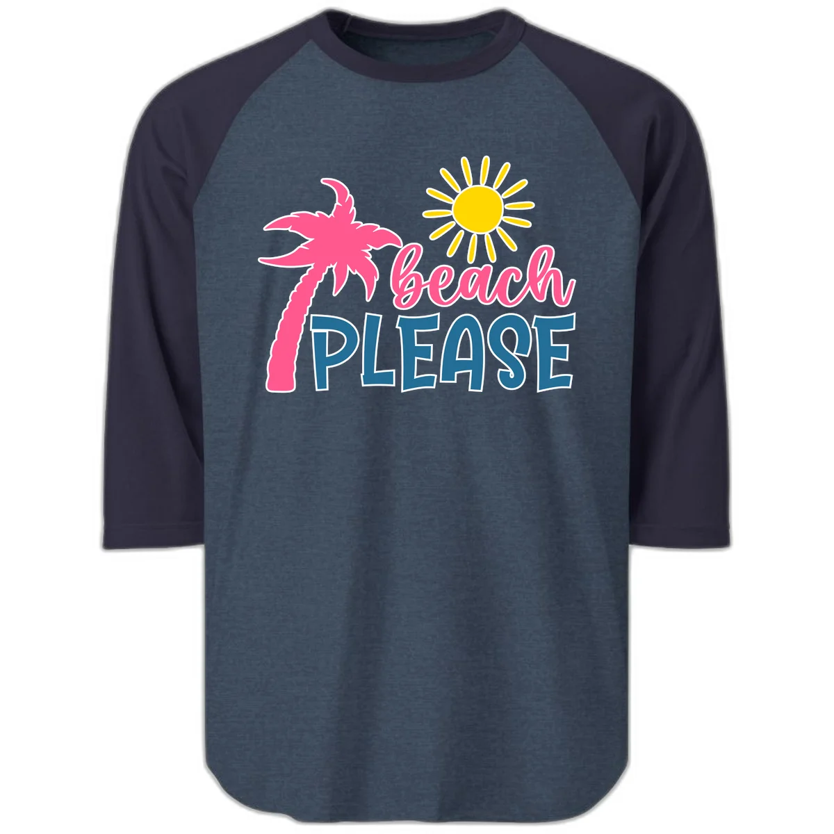 Beach Please Palm Tree Vacation Raglan 3/4 in Heather Denim Navy