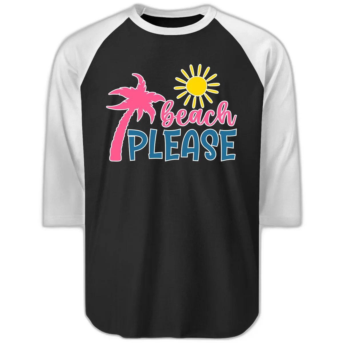Beach Please Palm Tree Vacation Raglan 3/4 in Black White