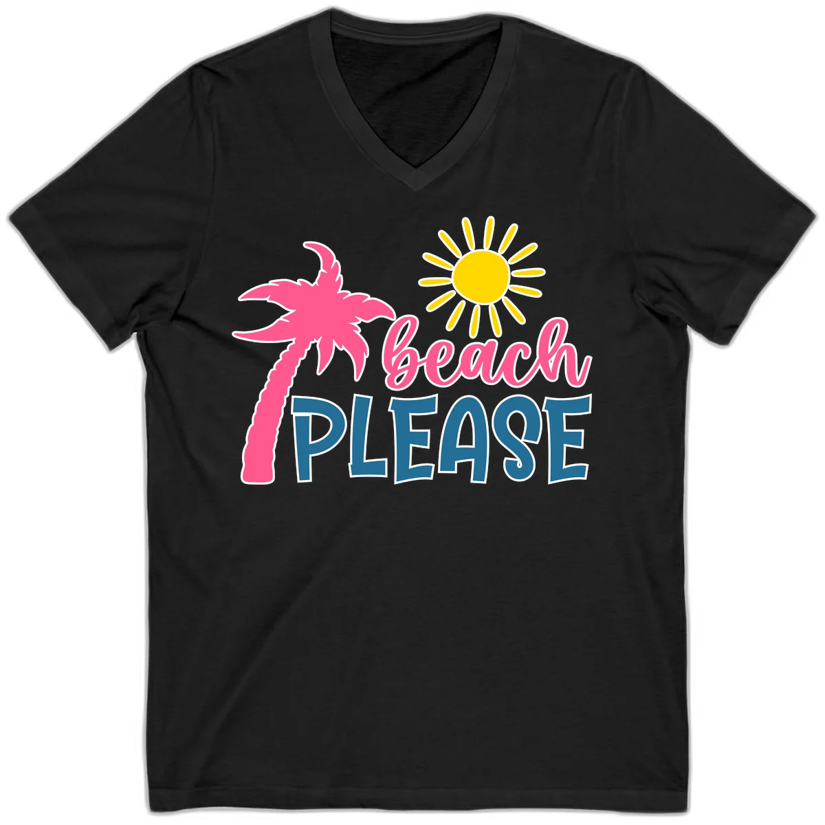 Beach Please Palm Tree Vacation V-Neck in Black