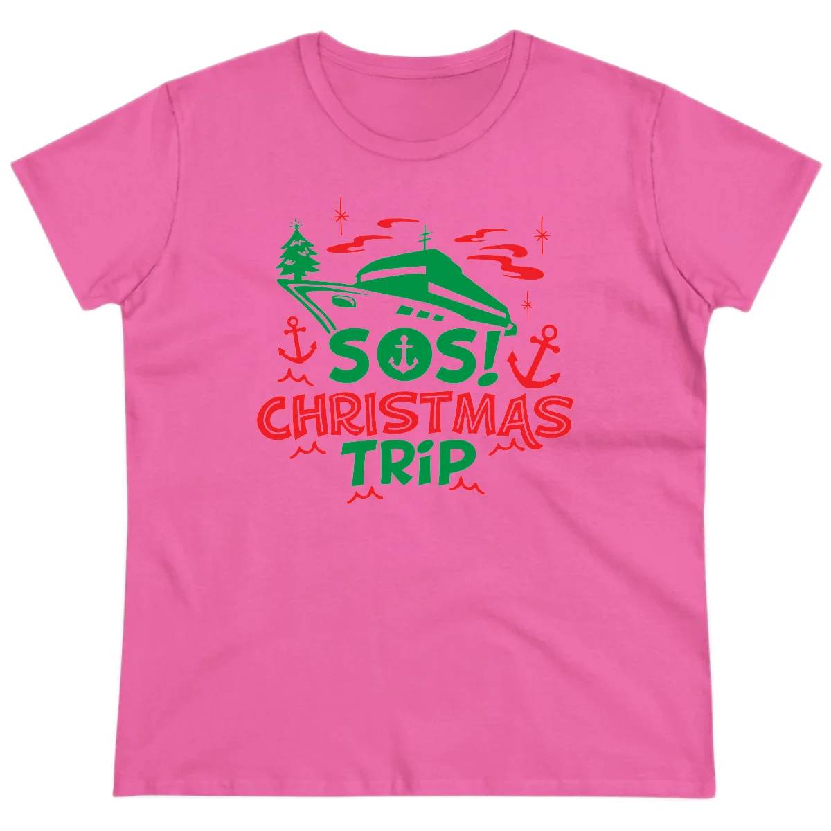 SOS Christmas Trip Ladies Tee in Azalea