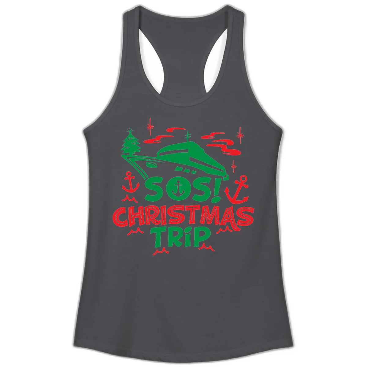 SOS Christmas Trip Ladies Tank Top in Solid Dark Gray