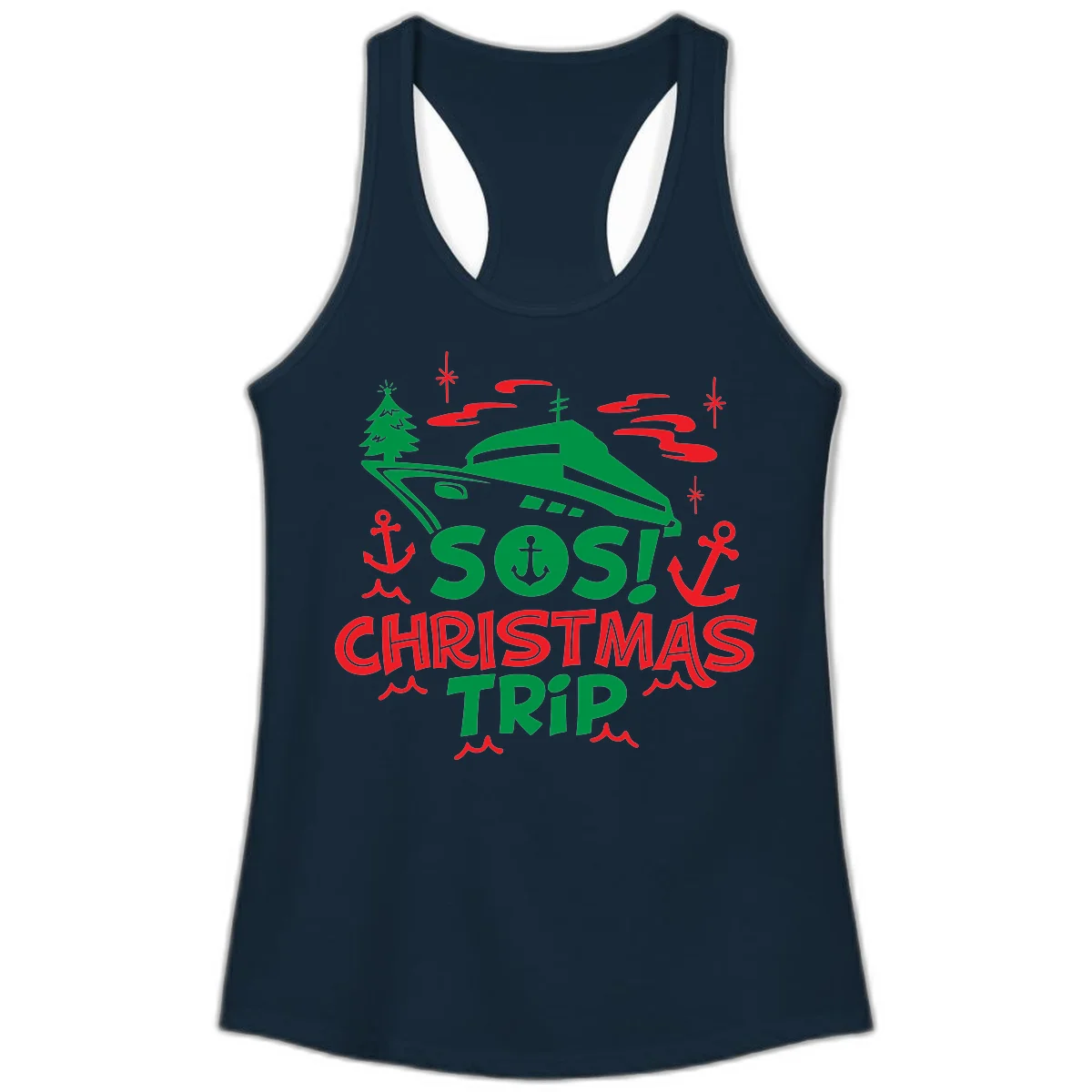 SOS Christmas Trip Ladies Tank Top in Solid Midnight Navy