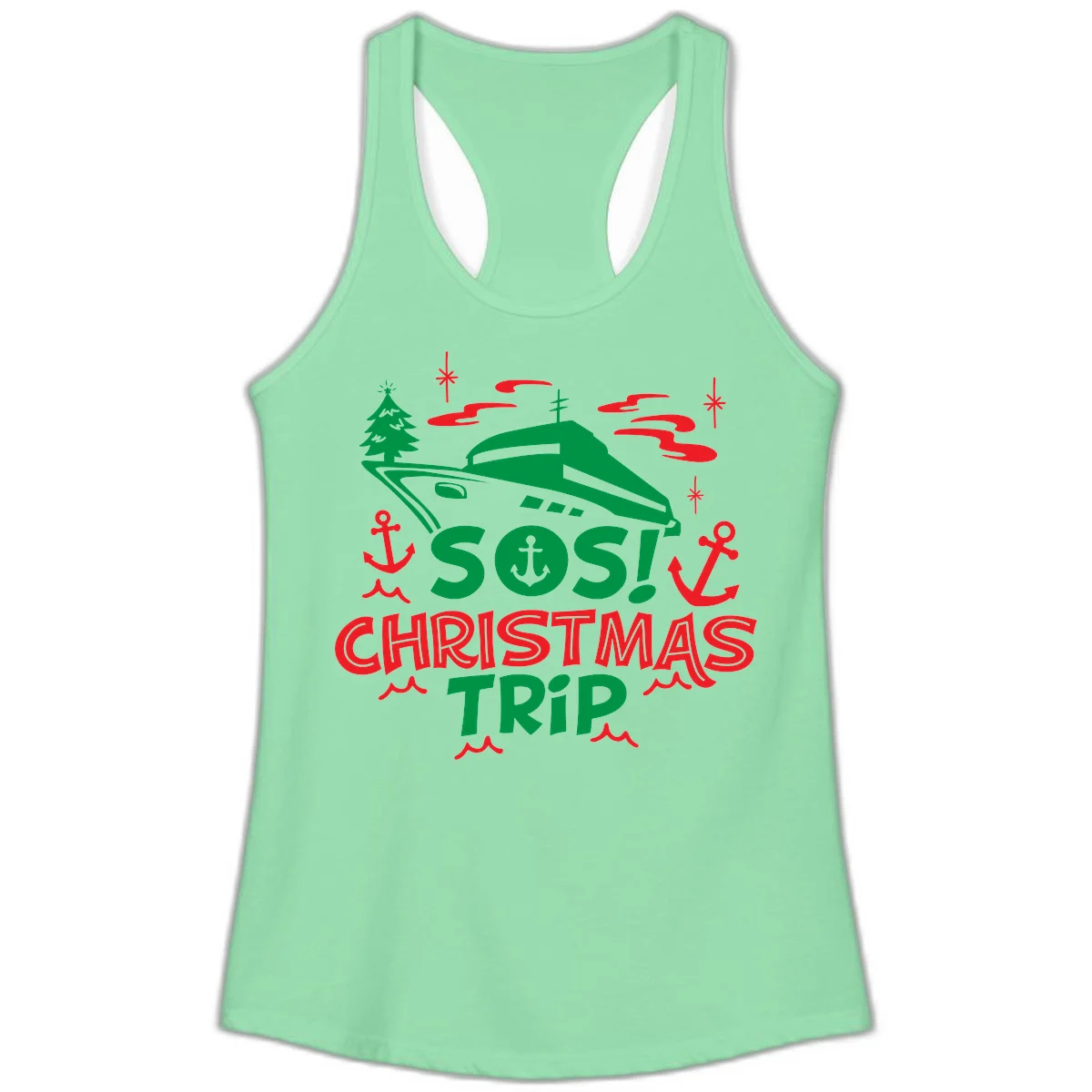 SOS Christmas Trip Ladies Tank Top in Solid Mint