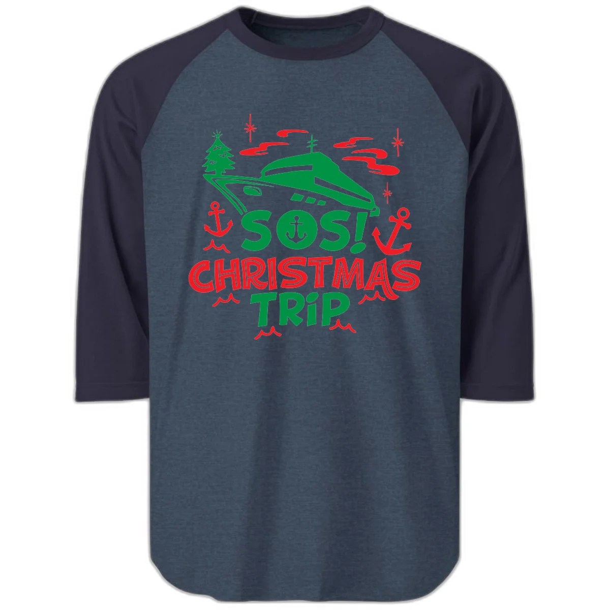 SOS Christmas Trip Raglan 3/4 Sleeve in Heather Denim Navy