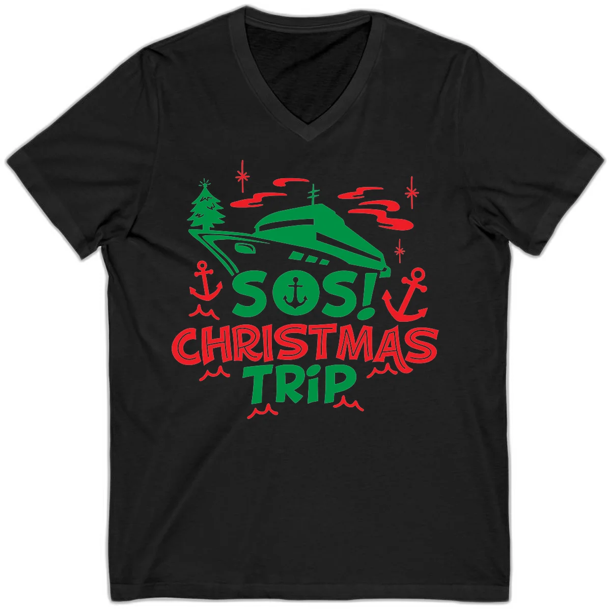 SOS Christmas Trip V-Neck T-Shirt in Black