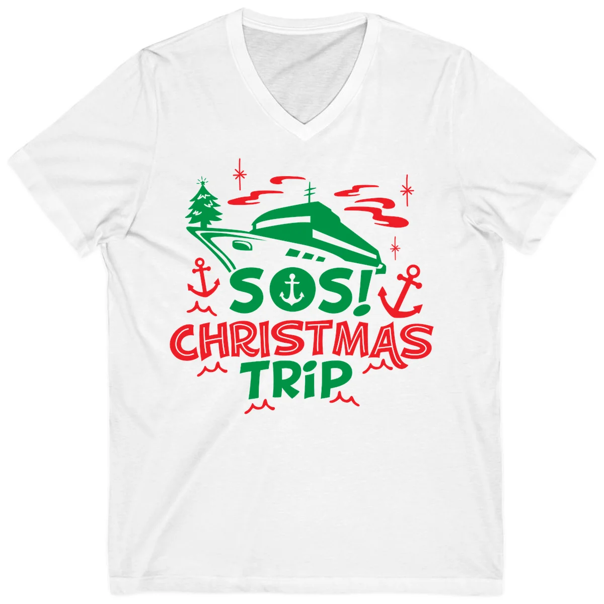SOS Christmas Trip V-Neck T-Shirt in White