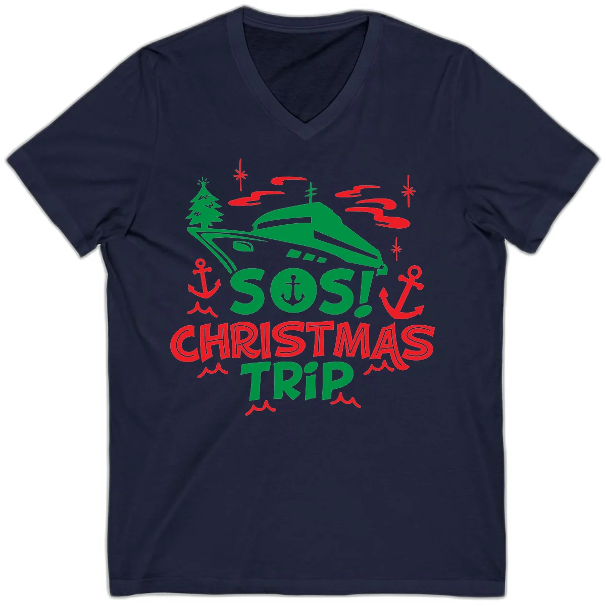 SOS Christmas Trip V-Neck T-Shirt in Navy