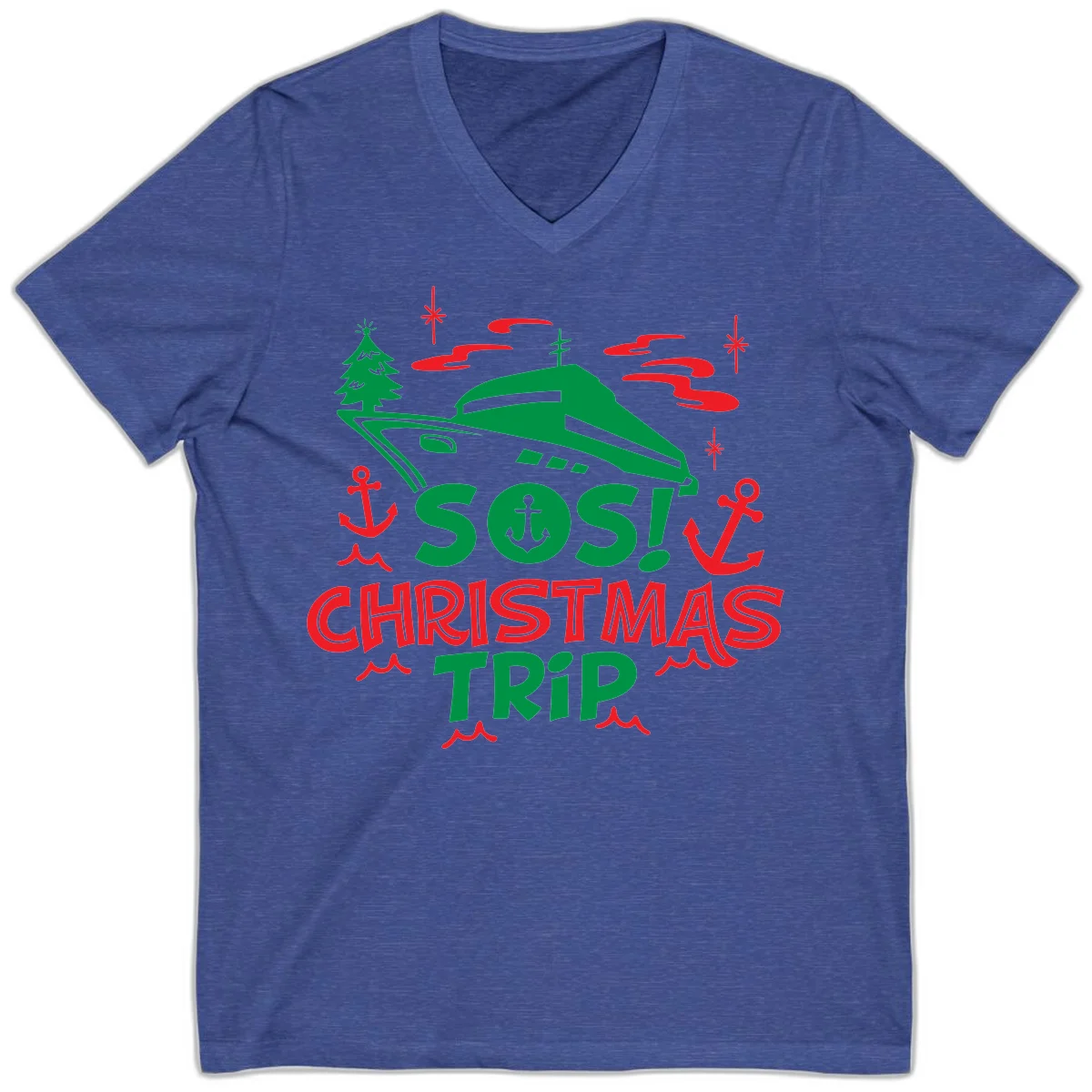 SOS Christmas Trip V-Neck T-Shirt in Heather True Royal