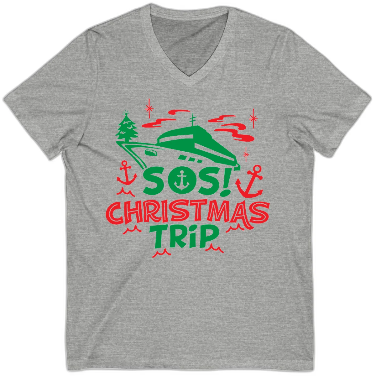 SOS Christmas Trip V-Neck T-Shirt in Athletic Heather