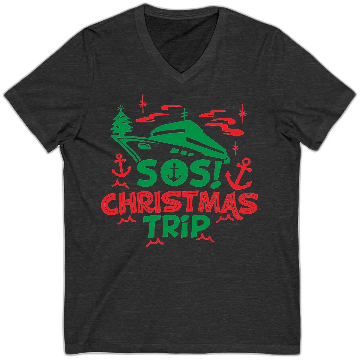 SOS Christmas Trip V-Neck T-Shirt in Dark Grey Heather