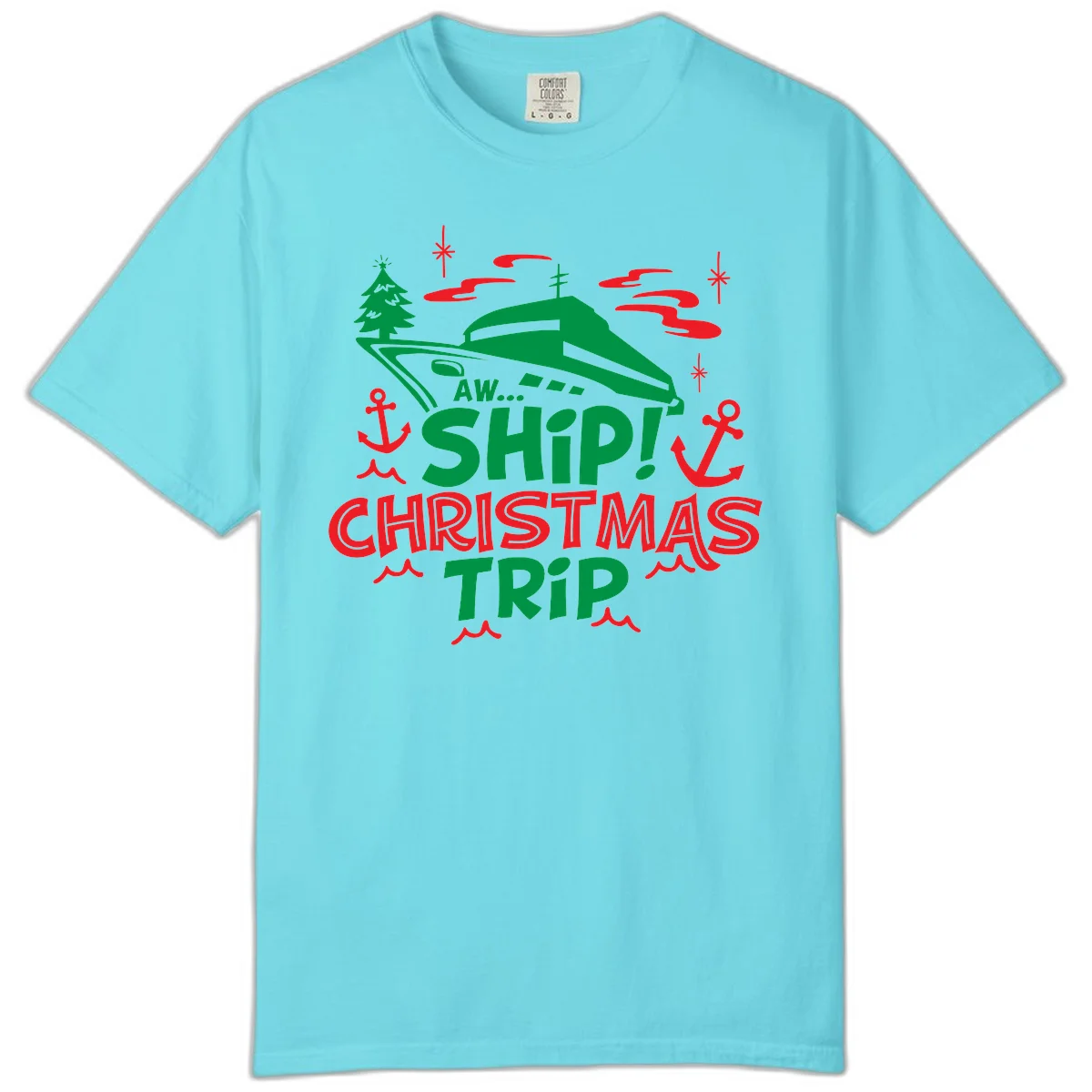 Aww Ship Christmas Trip Comfort Color Tee in Lagoon Blue