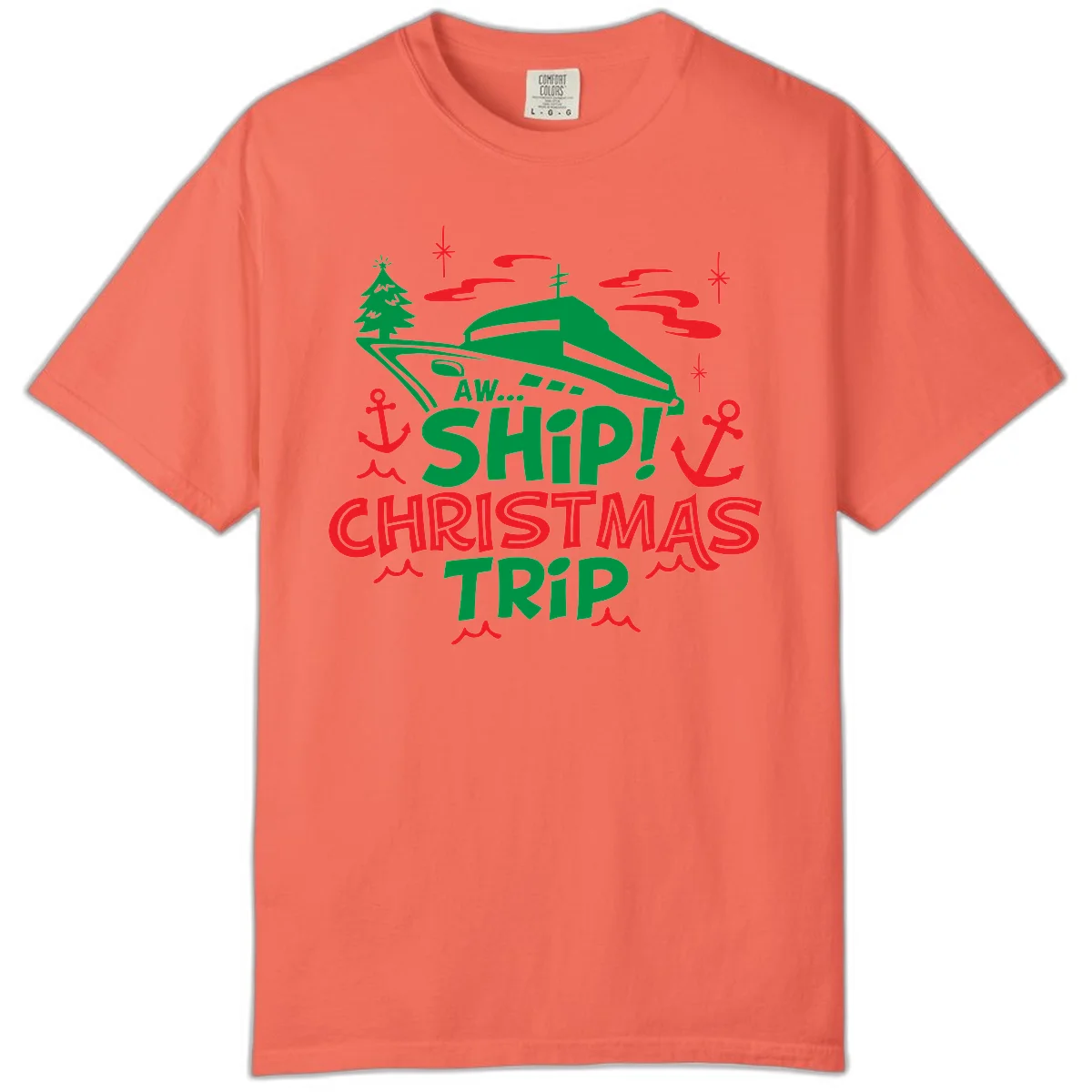 Aww Ship Christmas Trip Comfort Color Tee in Bright Salmon