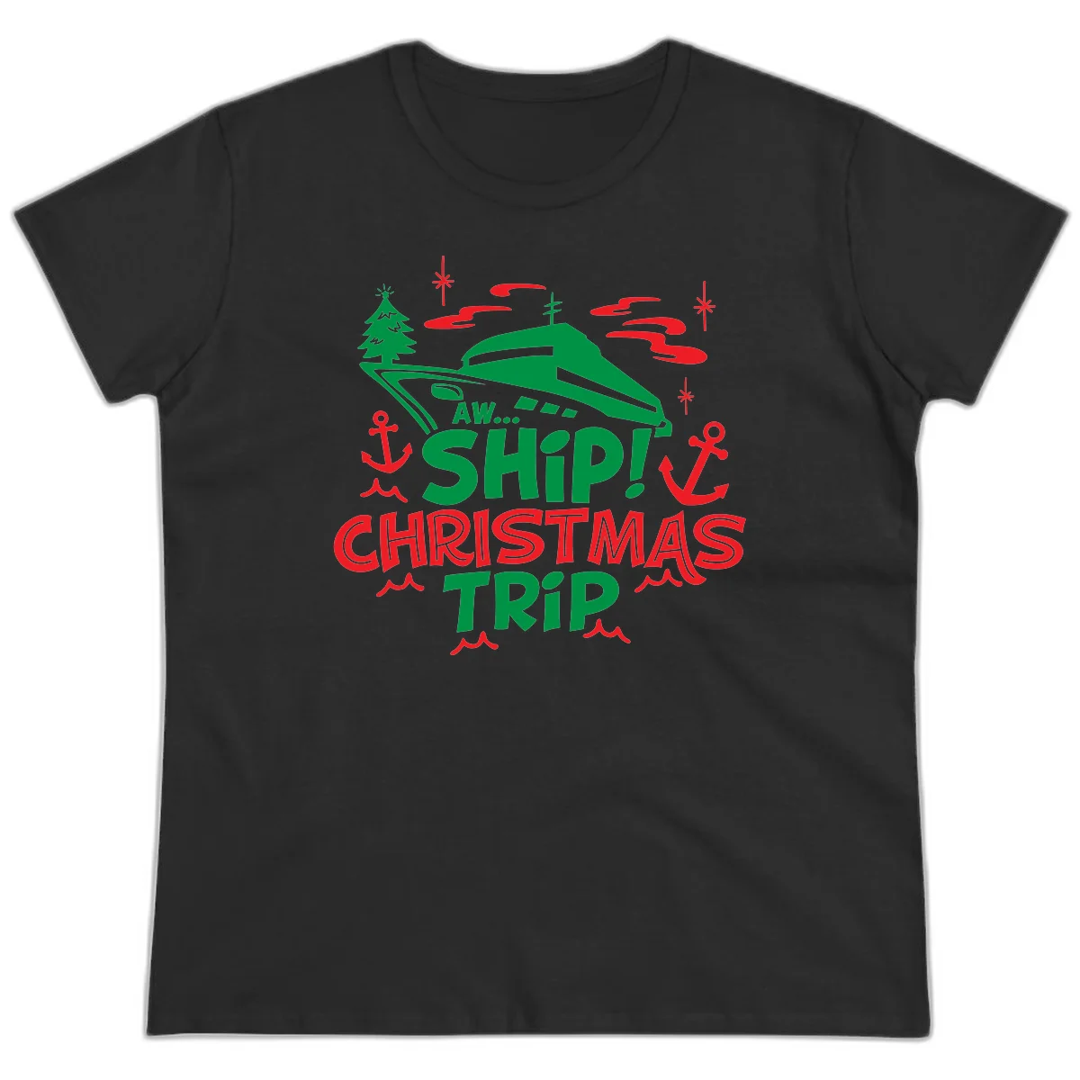 Aww Ship Christmas Trip Ladies Tee in Black