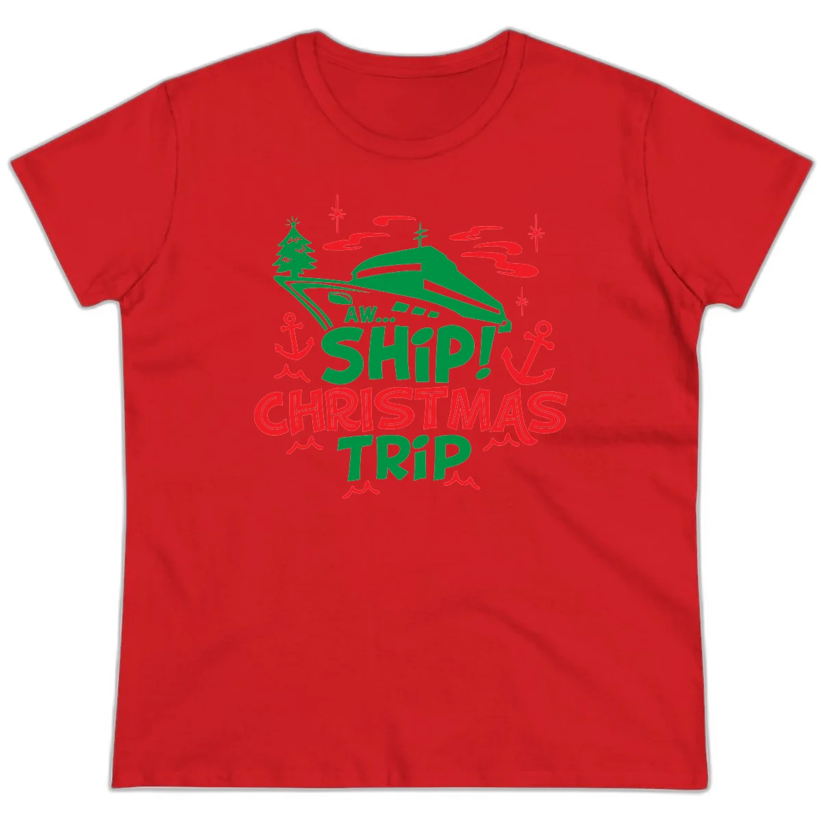Aww Ship Christmas Trip Ladies Tee in Red