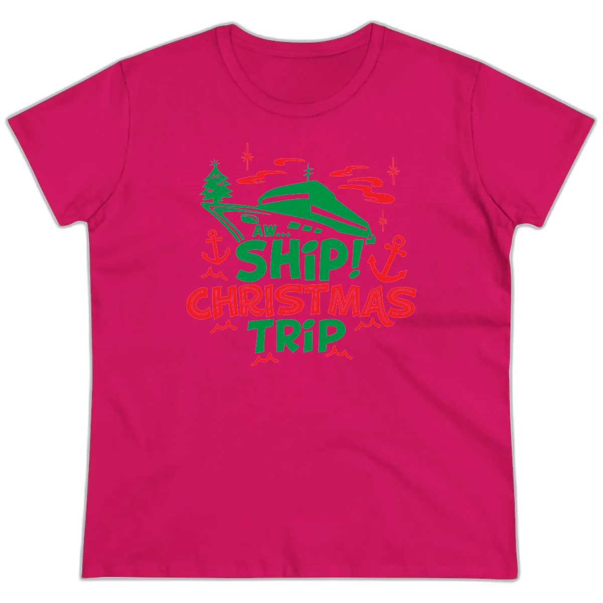 Aww Ship Christmas Trip Ladies Tee in Heliconia