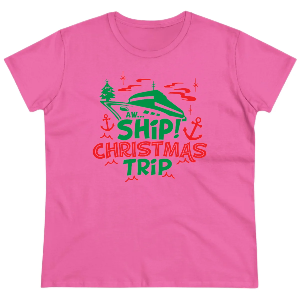 Aww Ship Christmas Trip Ladies Tee in Azalea