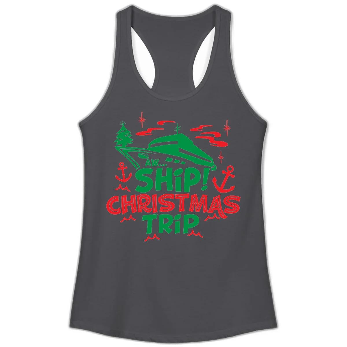 Aww Ship Christmas Trip Ladies Tank in Solid Dark Gray