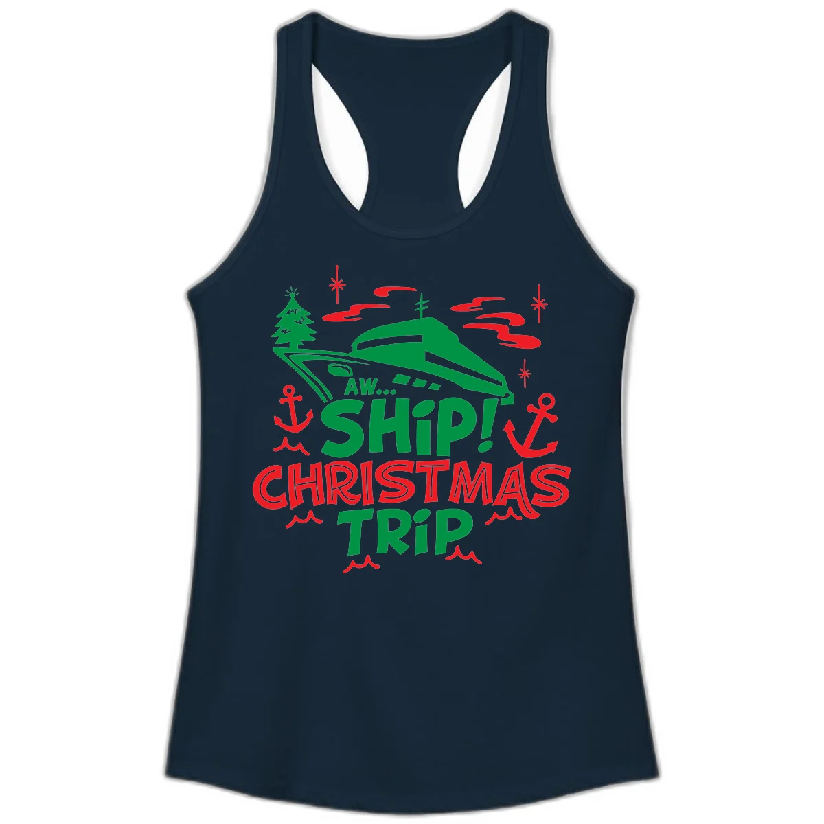 Aww Ship Christmas Trip Ladies Tank in Solid Midnight Navy