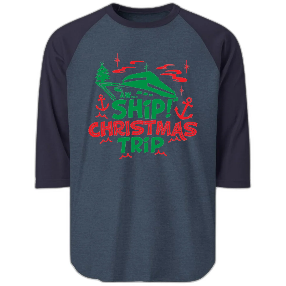 Aww Ship Christmas Trip Raglan 3/4 in Heather Denim Navy