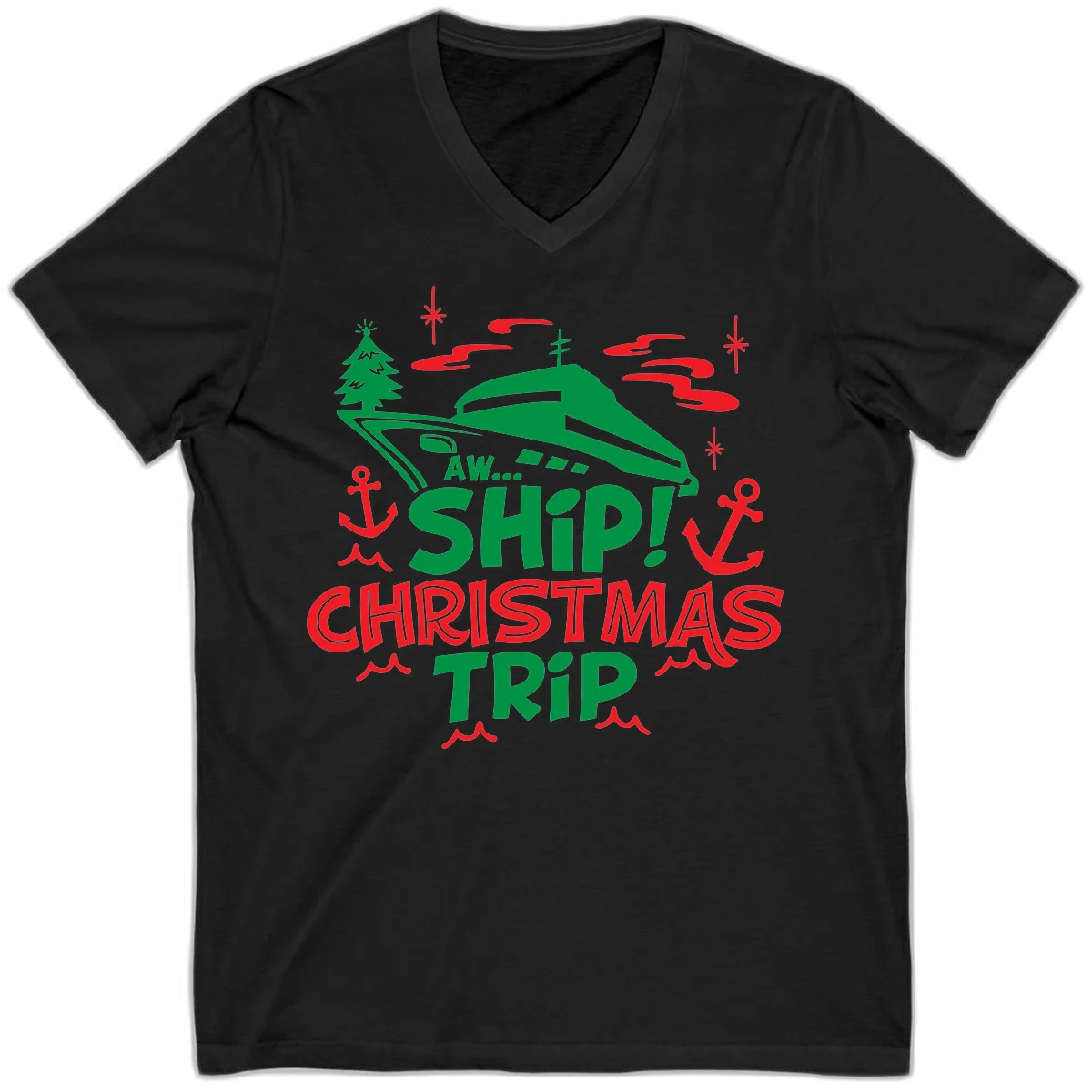 Aww Ship Christmas Trip V-Neck Tee in Black