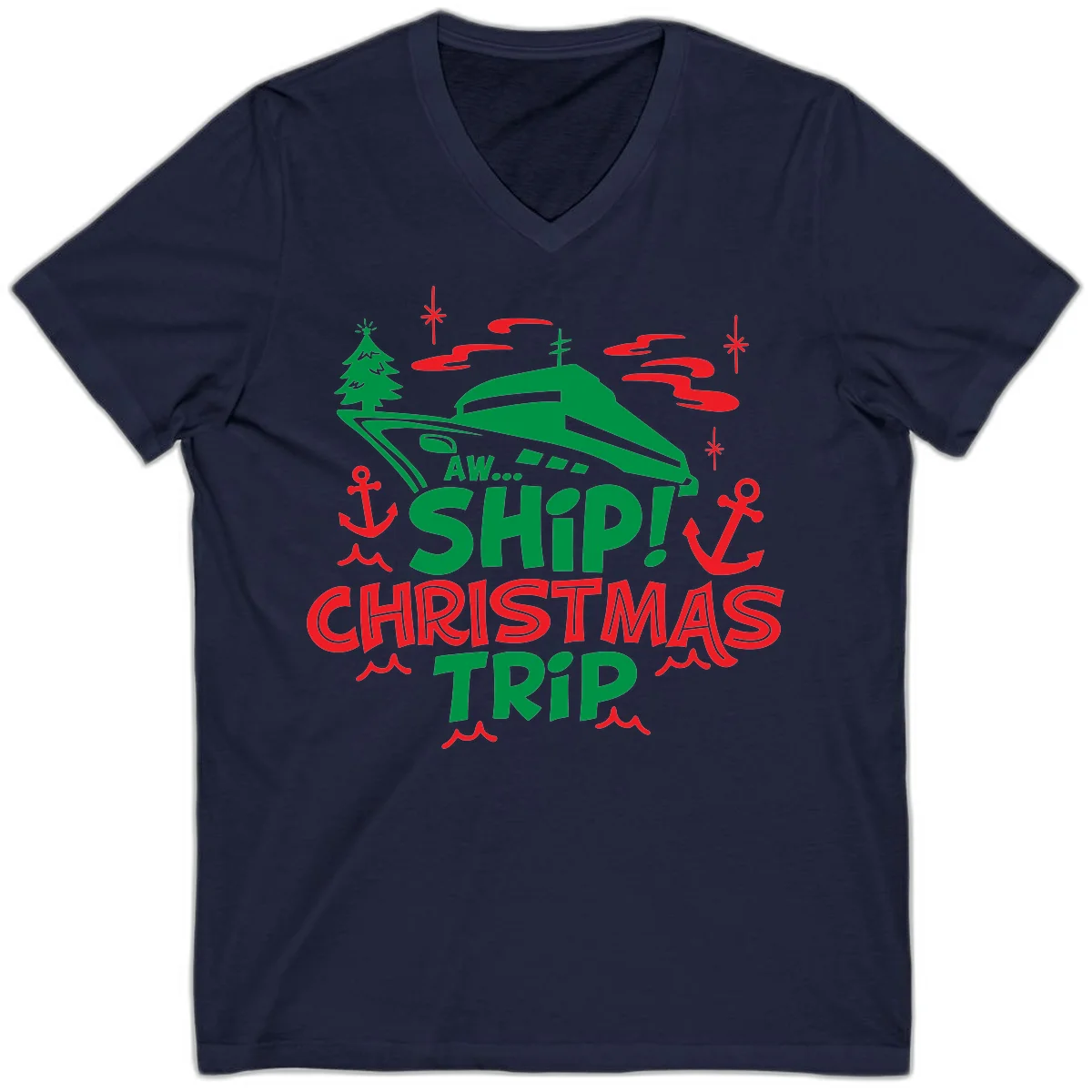 Aww Ship Christmas Trip V-Neck Tee in Navy