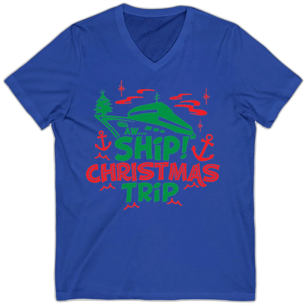 Aww Ship Christmas Trip V-Neck Tee in True Royal