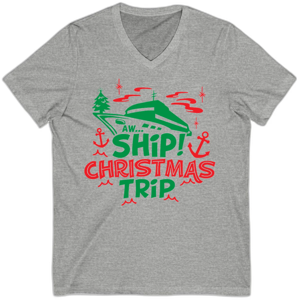Aww Ship Christmas Trip V-Neck Tee in Athletic Heather