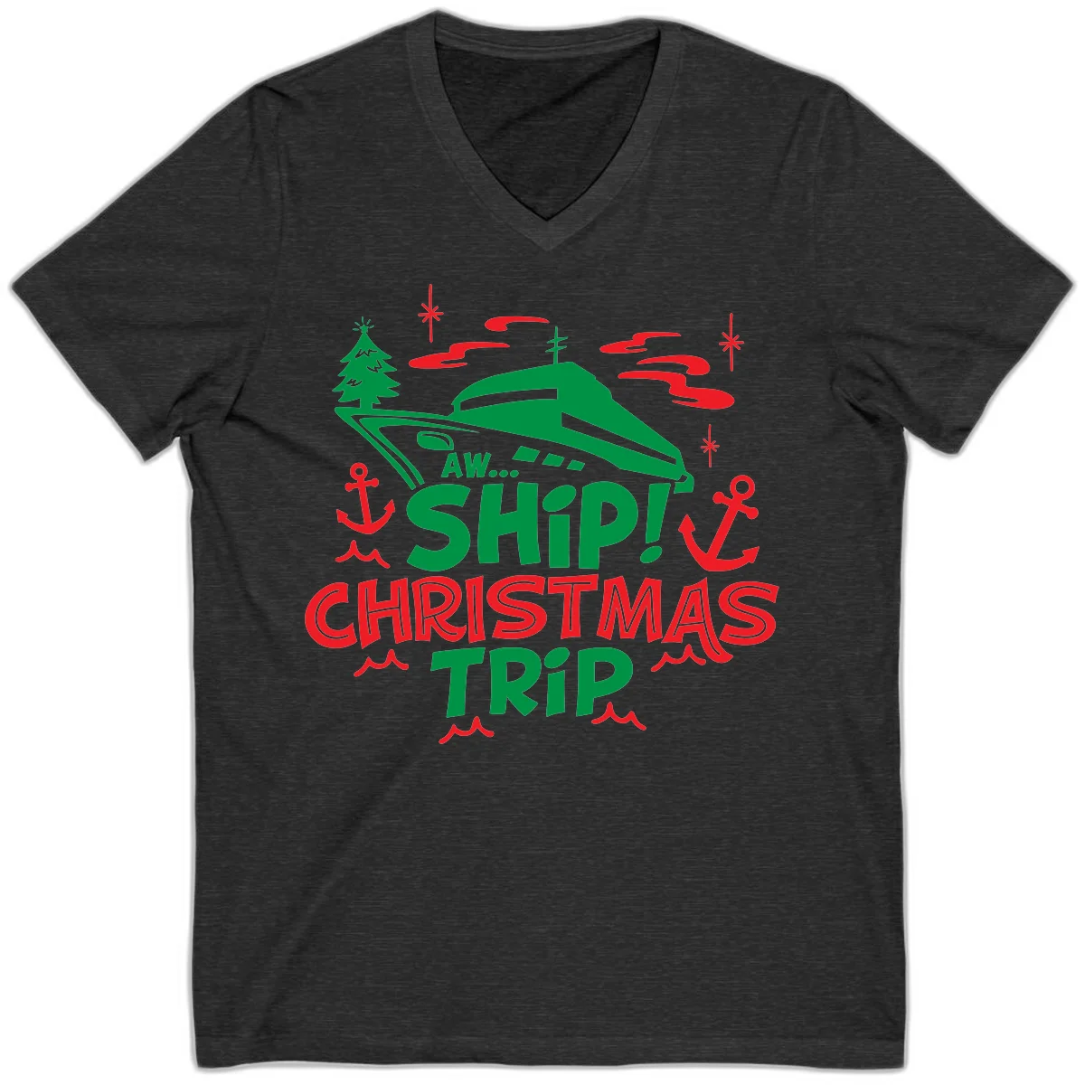 Aww Ship Christmas Trip V-Neck Tee in Dark Grey Heather