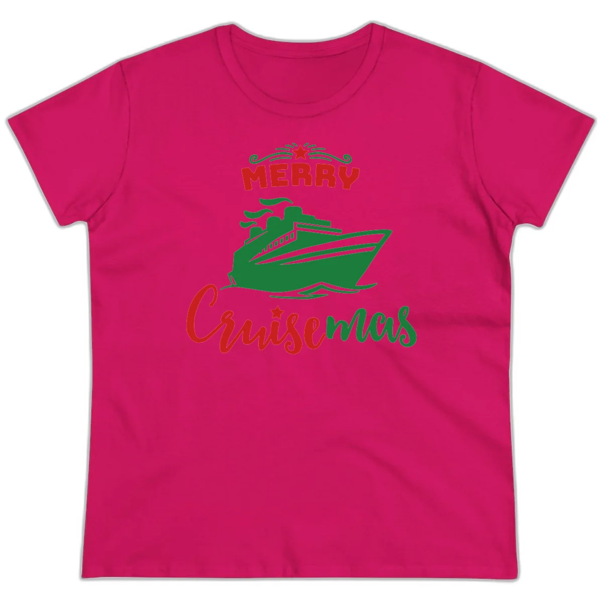Merry Cruise-mas Ship Ladies Tee in Heliconia