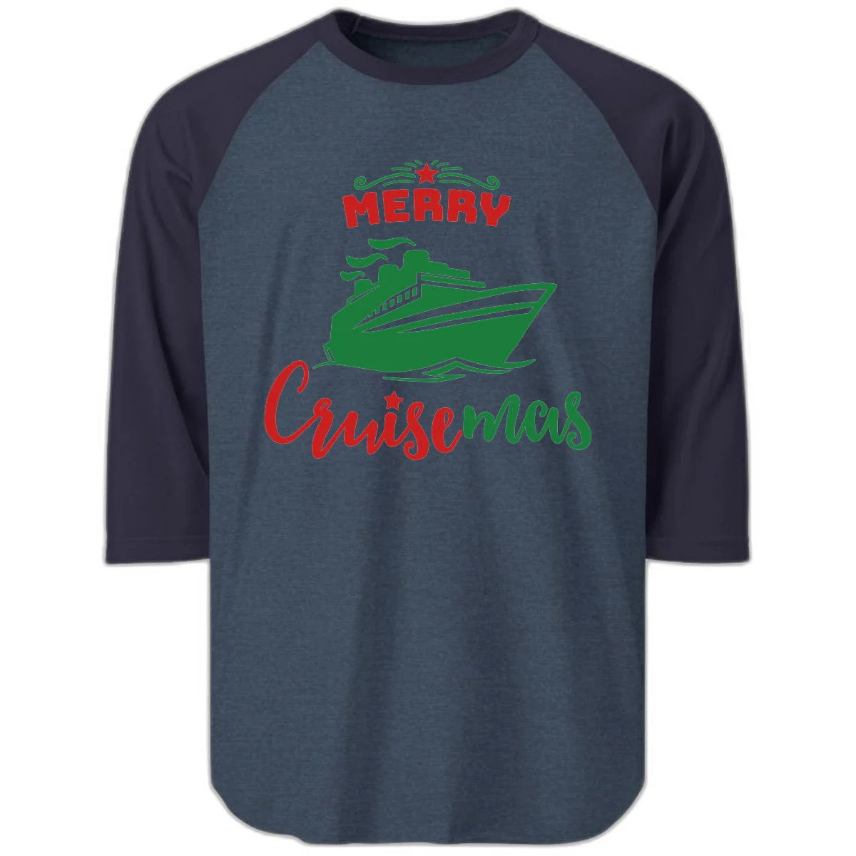 Merry Cruise-mas Ship Raglan 3/4 Sleeve in Heather Denim Navy