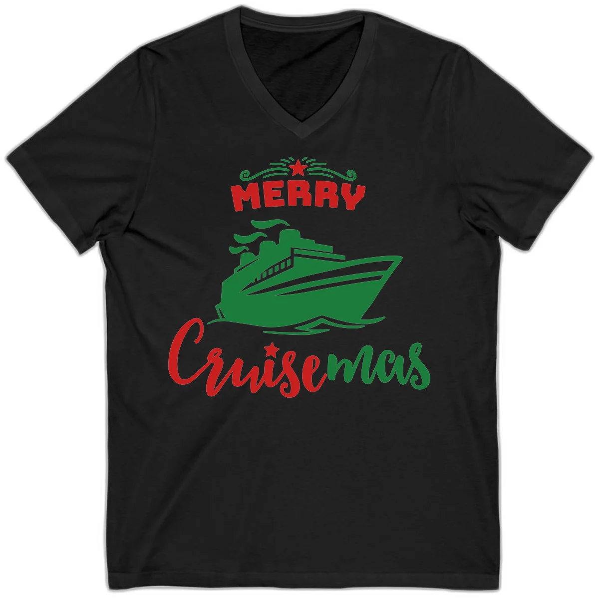 Merry Cruise-mas Ship V-Neck Tee in Black