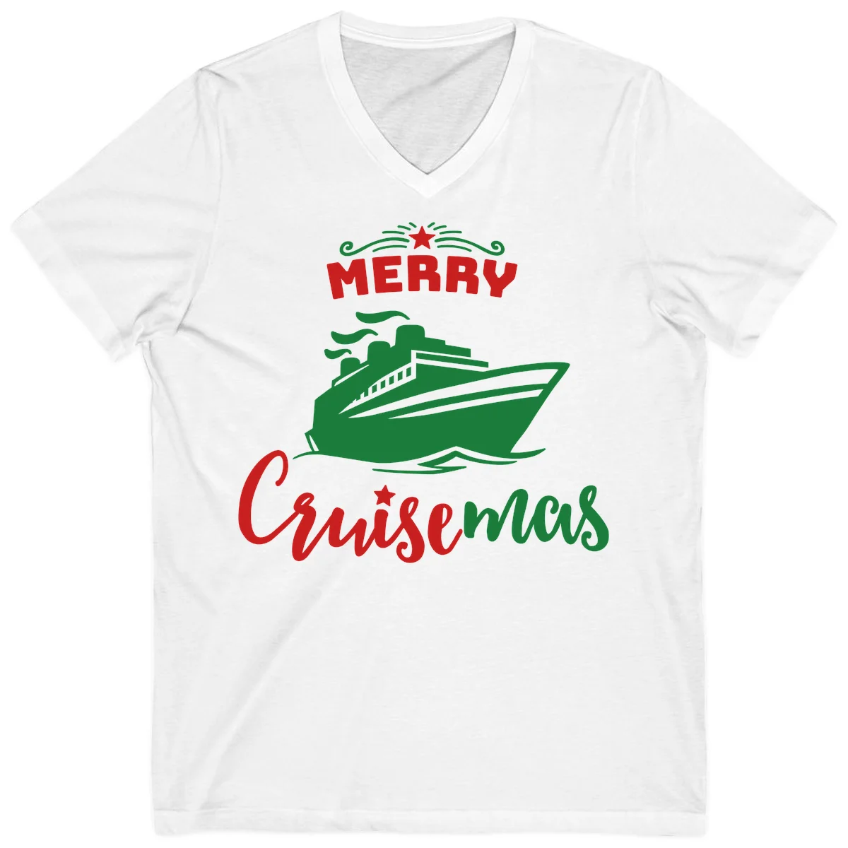 Merry Cruise-mas Ship V-Neck Tee in White