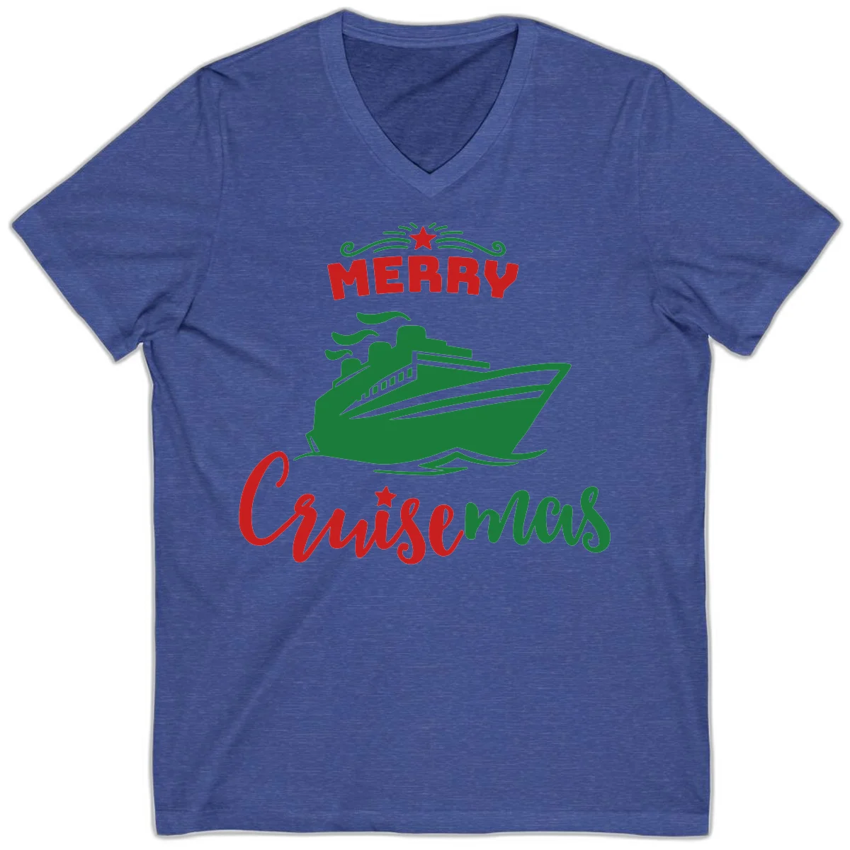 Merry Cruise-mas Ship V-Neck Tee in Heather True Royal