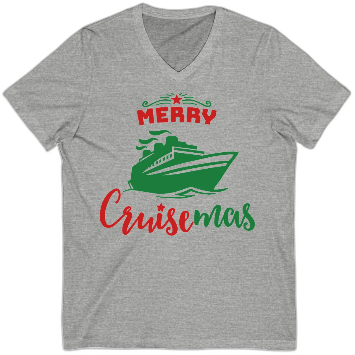 Merry Cruise-mas Ship V-Neck Tee in Athletic Heather
