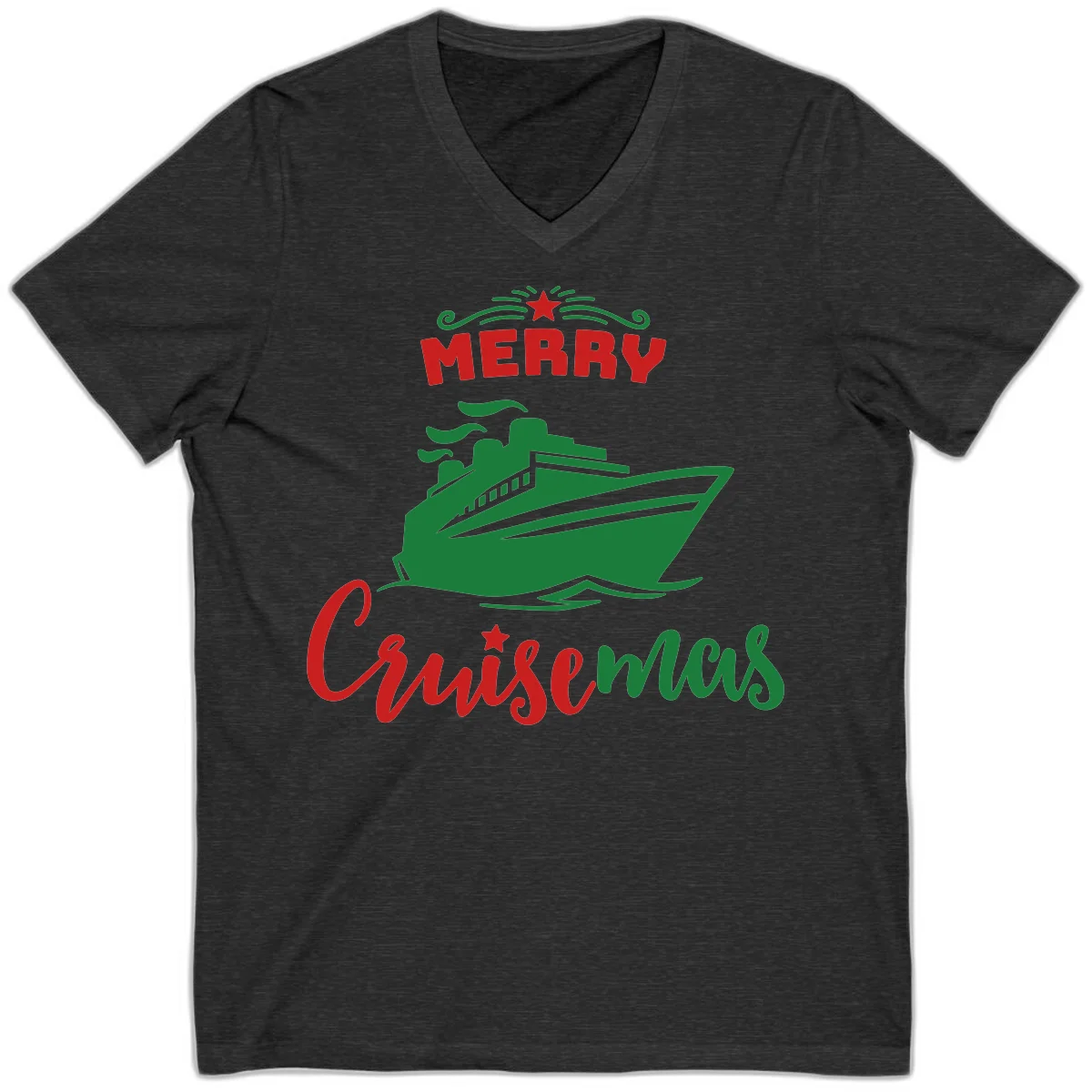 Merry Cruise-mas Ship V-Neck Tee in Dark Grey Heather