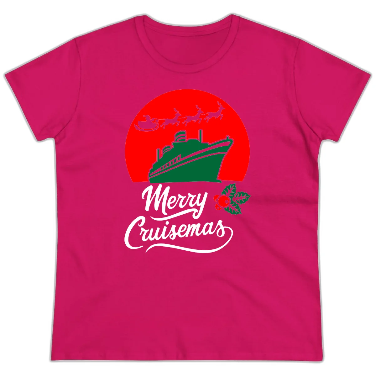 Merry Cruisemas Festive Holiday Ladies Tee in Heliconia