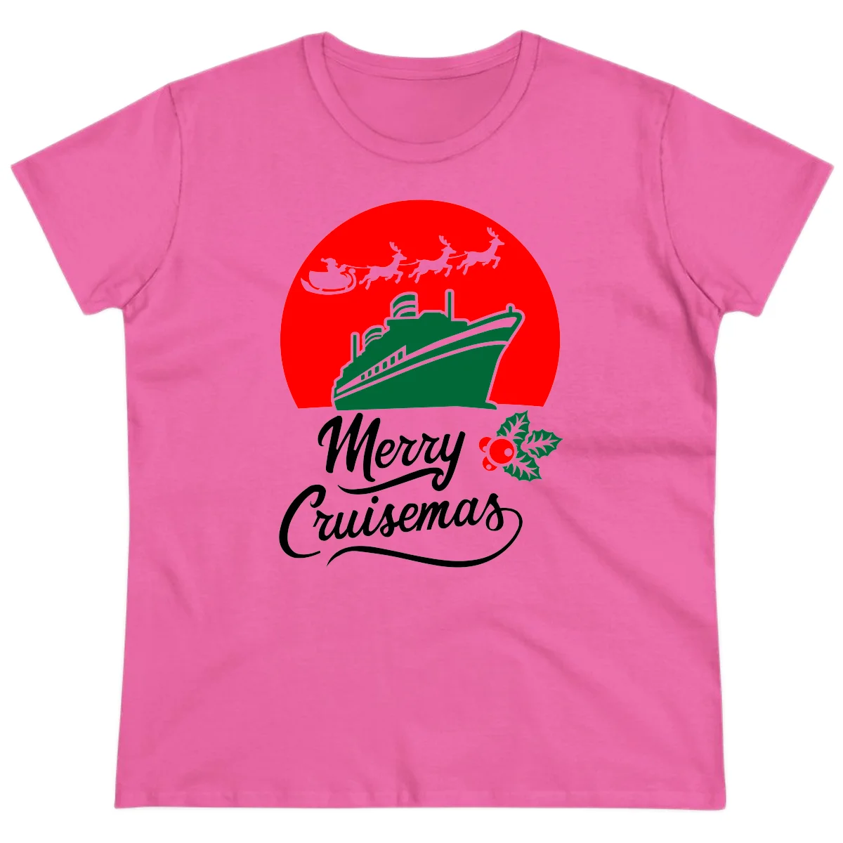 Merry Cruisemas Festive Holiday Ladies Tee in Azalea