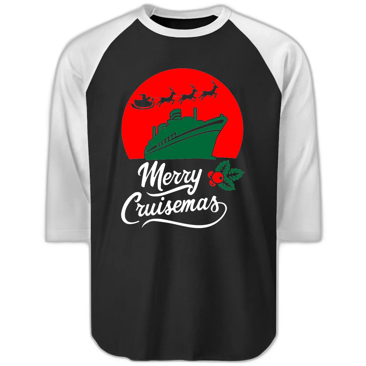 Merry Cruisemas Holiday Cruise Raglan 3/4 Tee in Black White