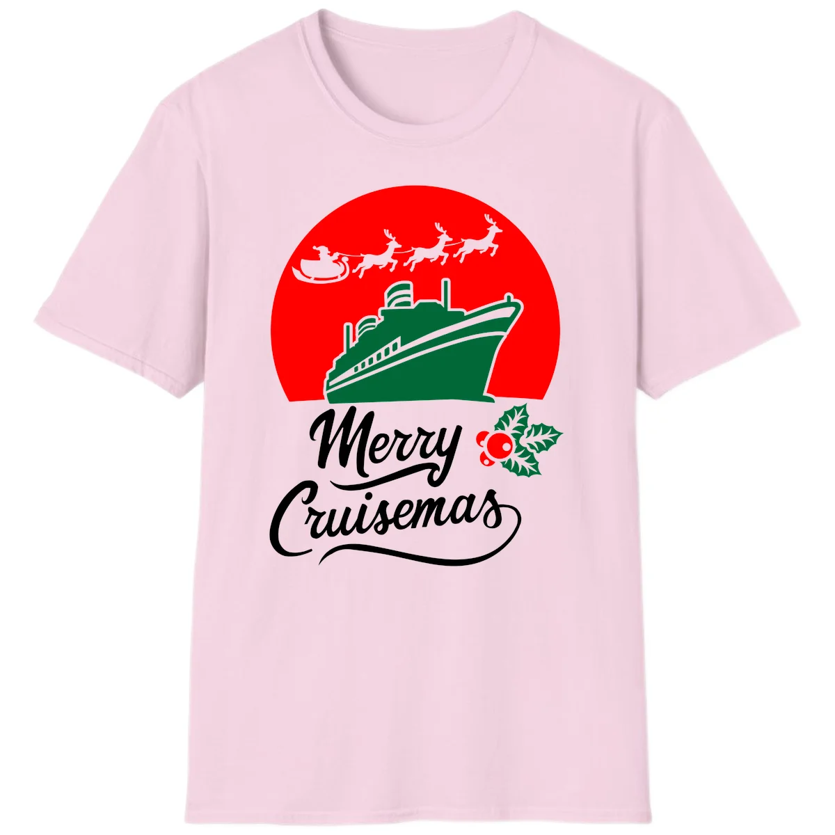 Merry Cruisemas Holiday Cruise Ship Christmas T-Shirt in Light Pink