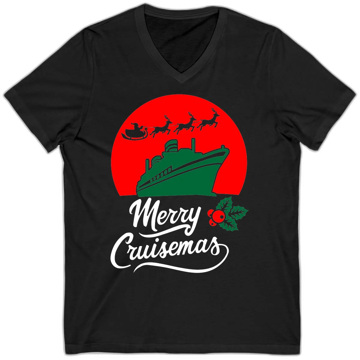Merry Cruisemas Holiday Cruise V-Neck Tee in Black