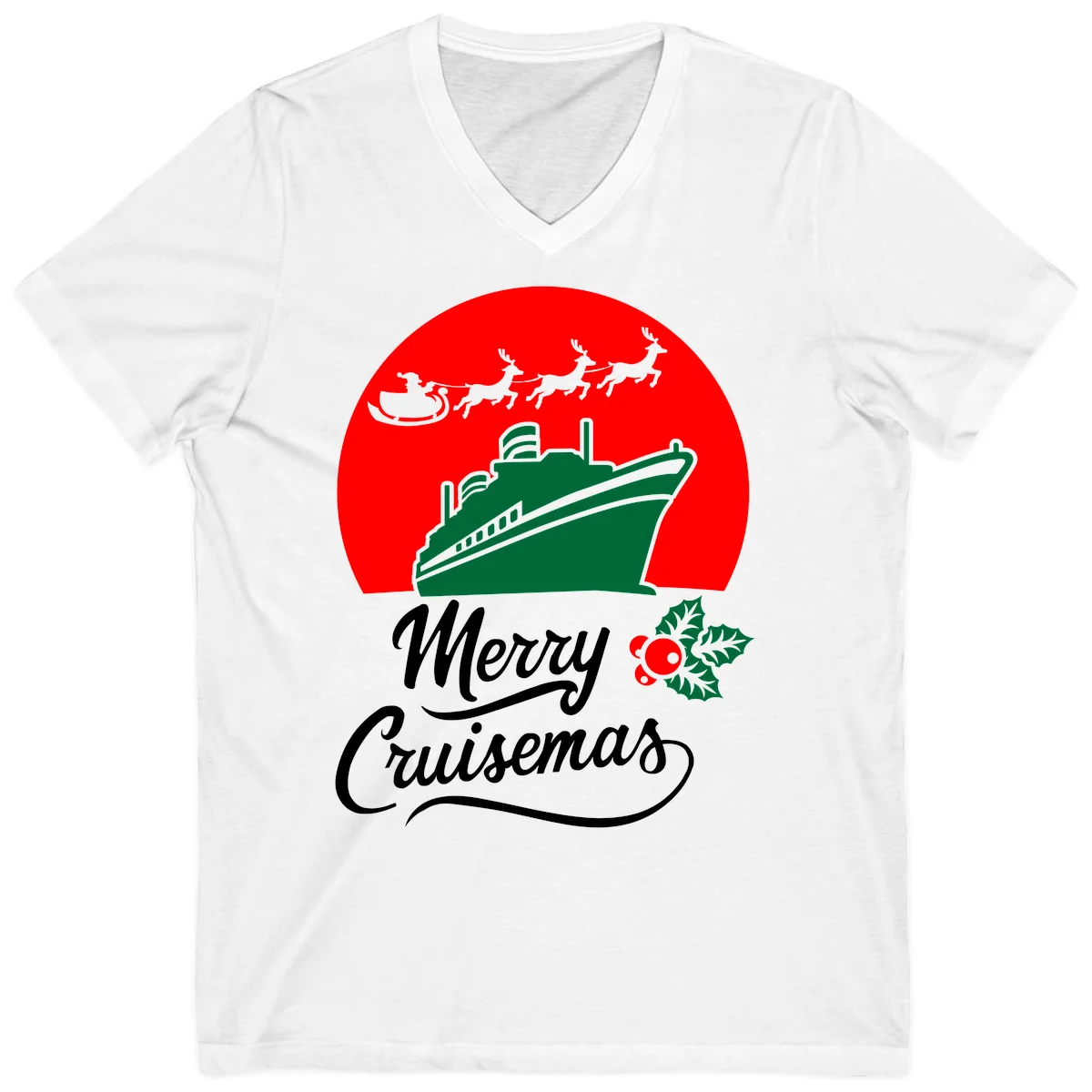Merry Cruisemas Holiday Cruise V-Neck Tee in White