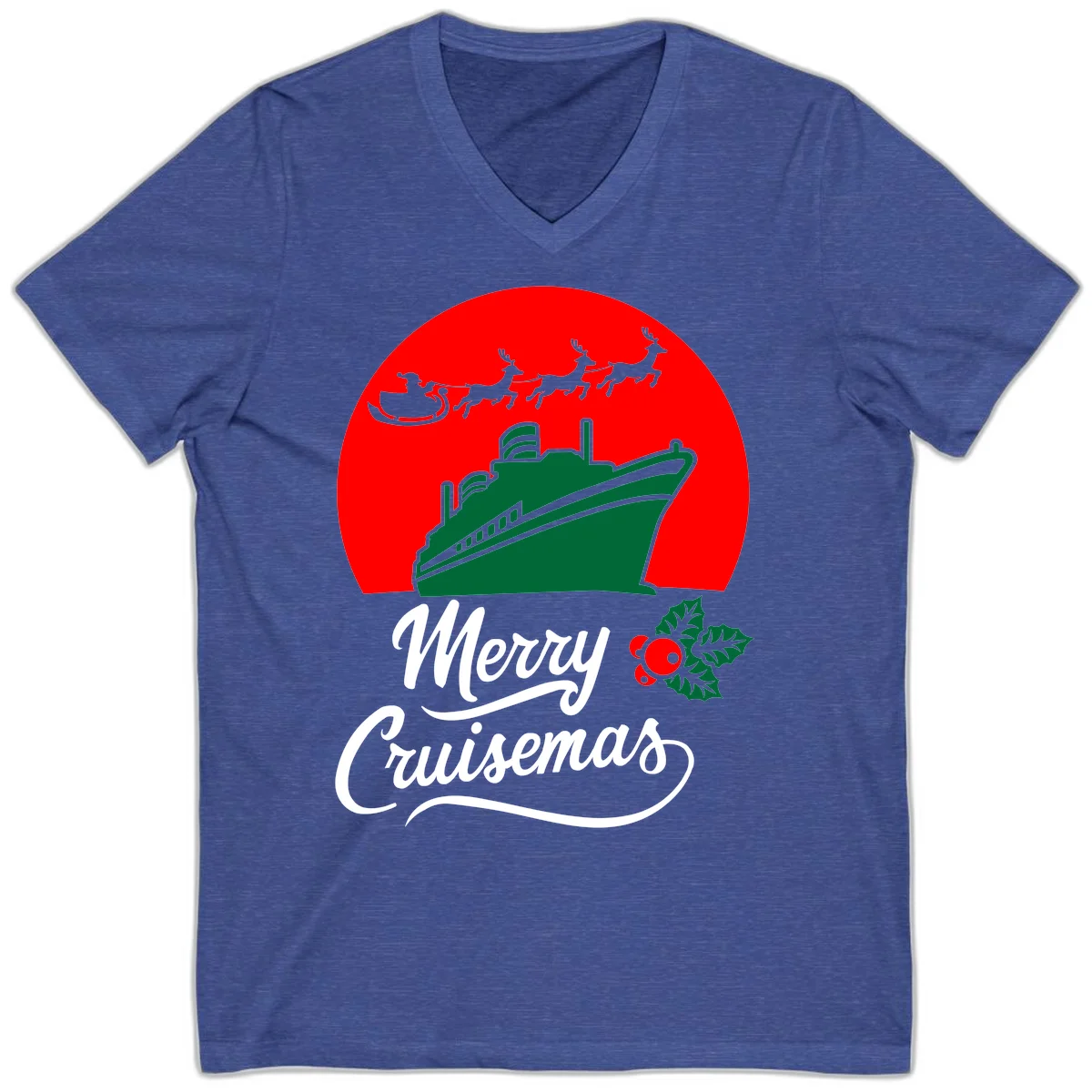 Merry Cruisemas Holiday Cruise V-Neck Tee in Heather True Royal
