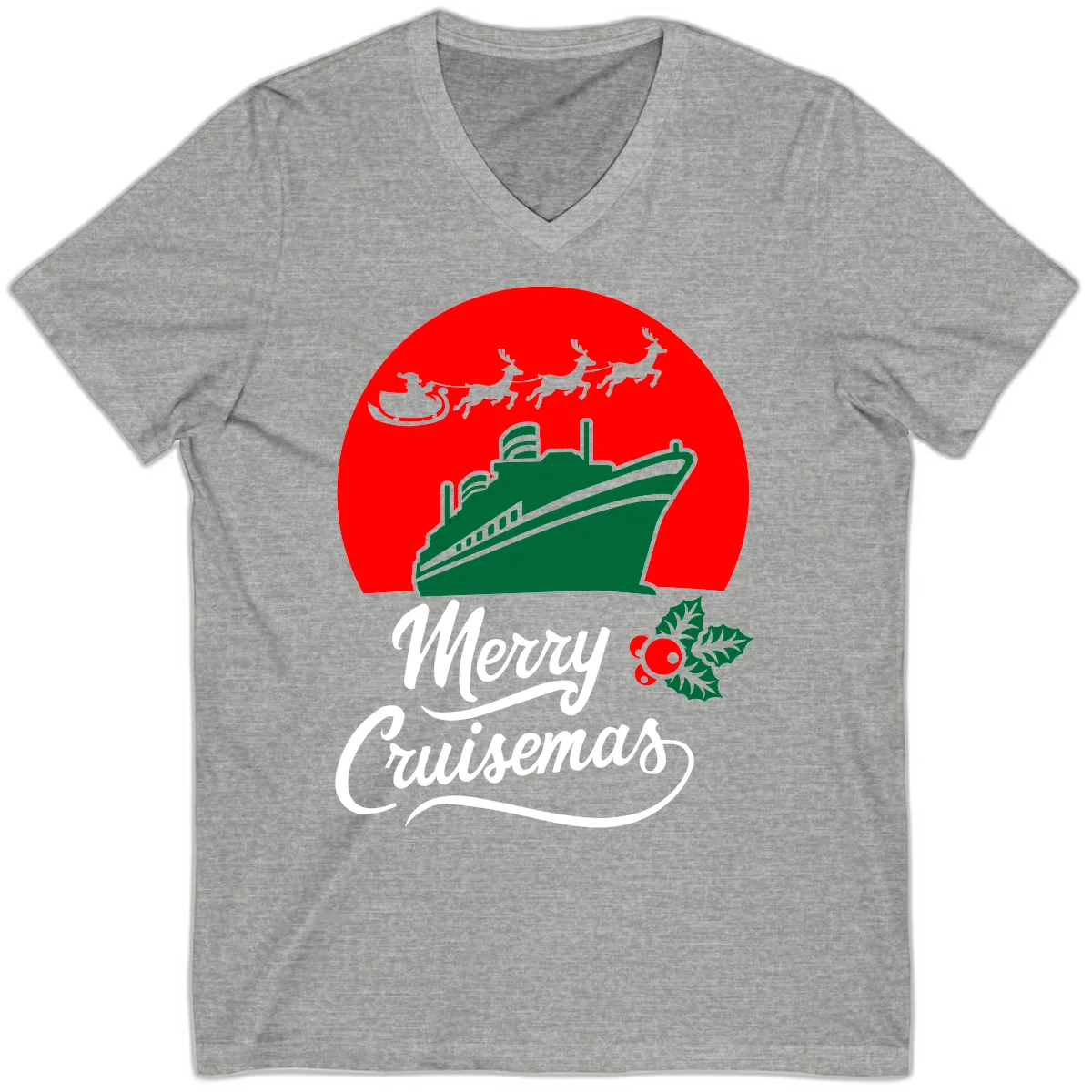 Merry Cruisemas Holiday Cruise V-Neck Tee in Athletic Heather