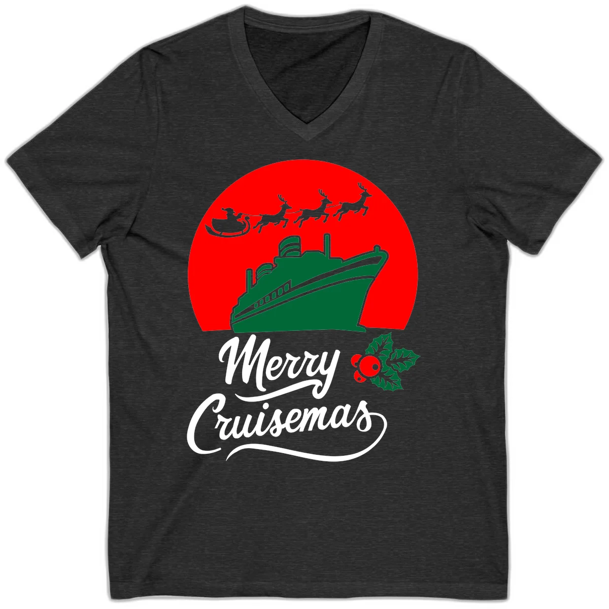 Merry Cruisemas Holiday Cruise V-Neck Tee in Dark Grey Heather