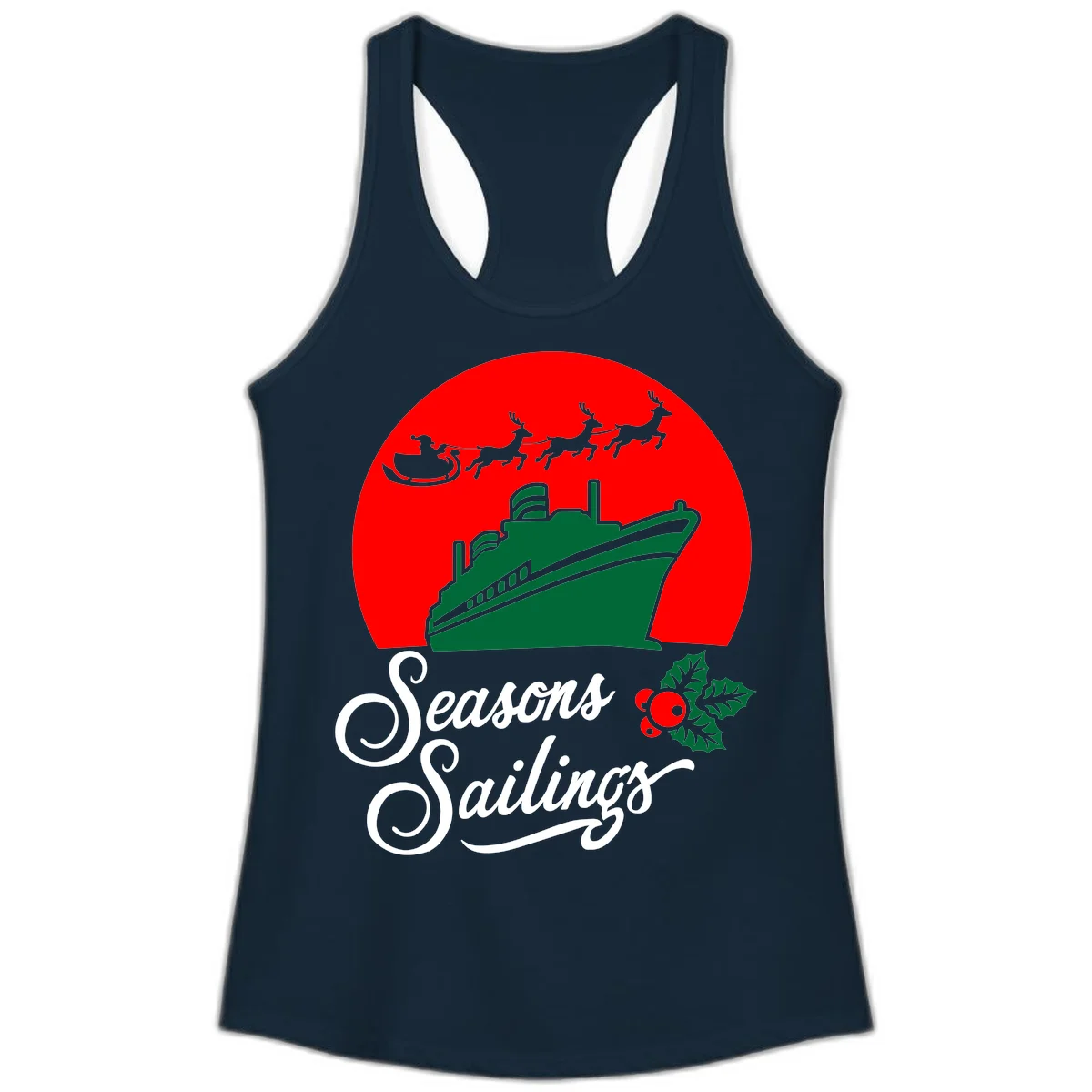Seasons Sailings Cruise Ship Holiday Ladies Tank in Solid Midnight Navy