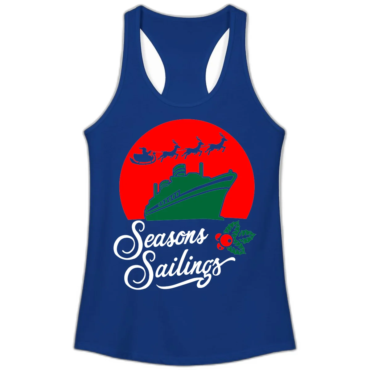Seasons Sailings Cruise Ship Holiday Ladies Tank in Solid Royal