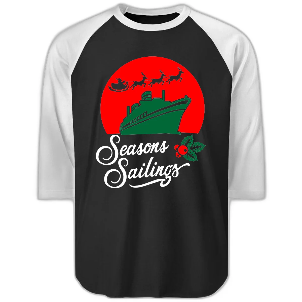 Seasons Sailings Cruise Ship Holiday Raglan 3/4 in Black White