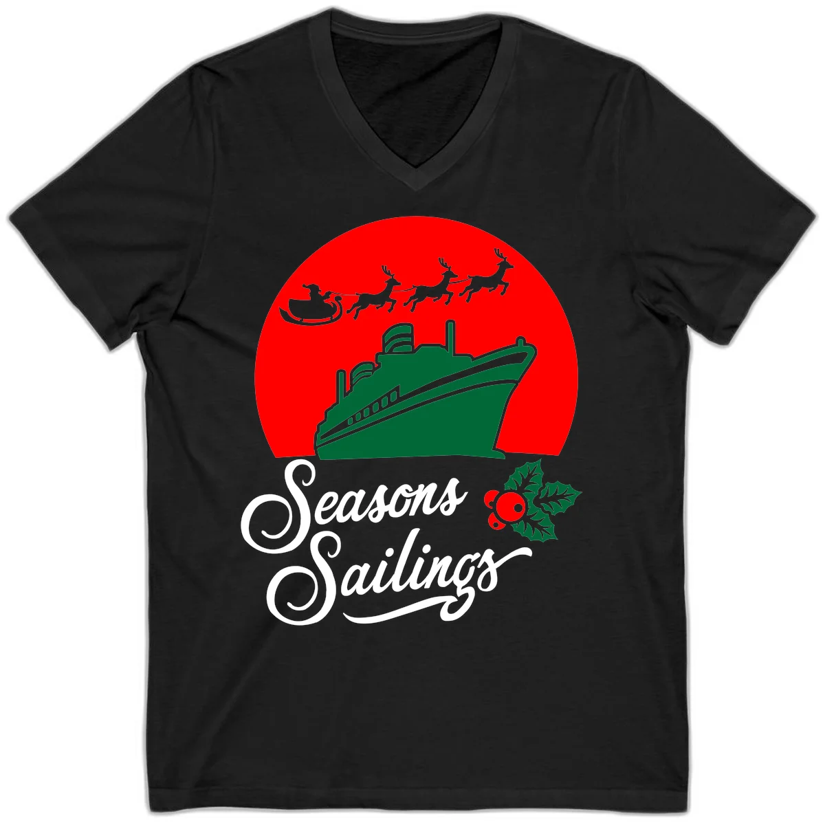 Seasons Sailings Cruise Ship Holiday V-Neck in Black