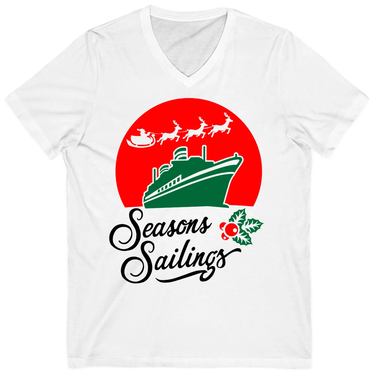 Seasons Sailings Cruise Ship Holiday V-Neck in White
